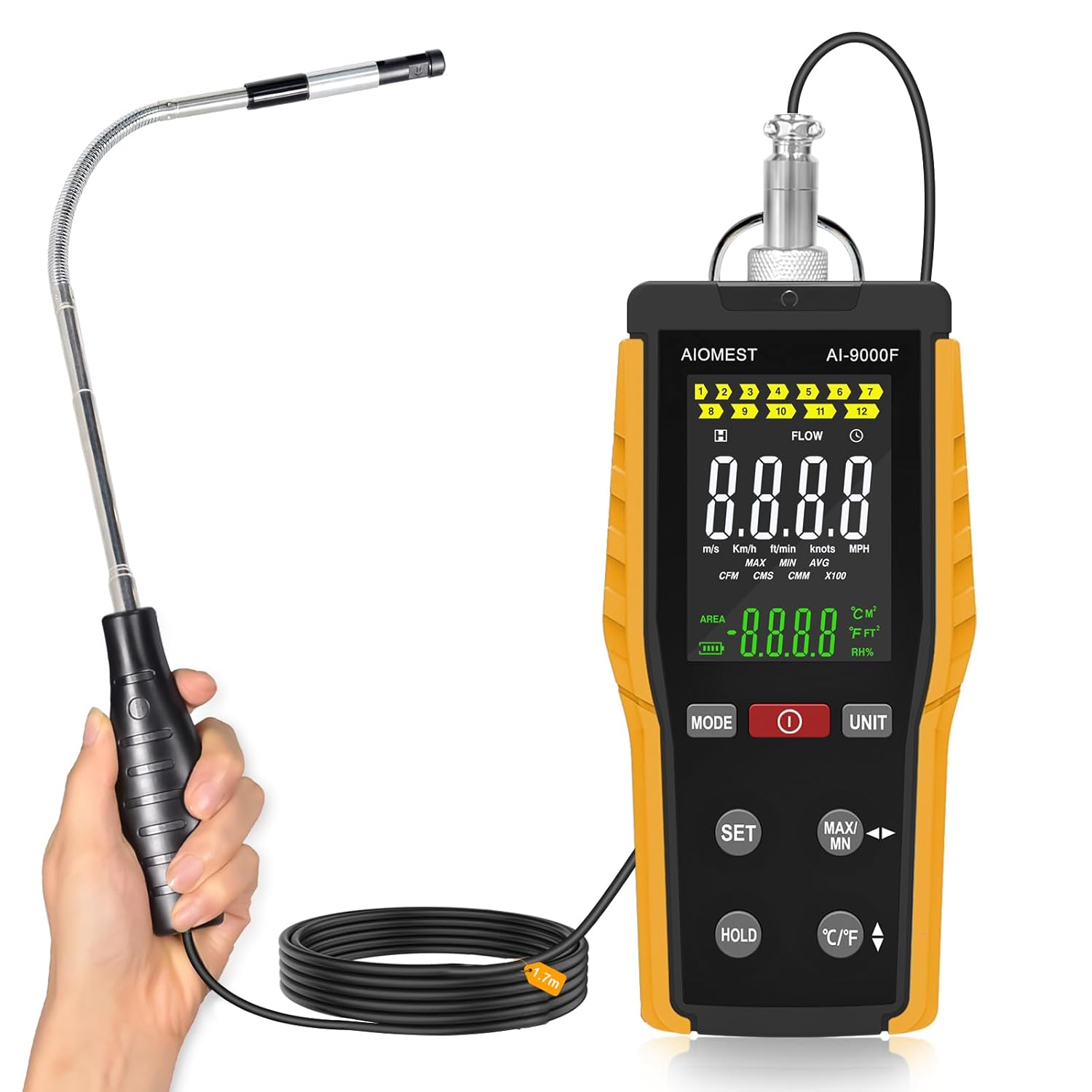 CFM Wind Meter Anemometer HVAC, AIOMEST Handheld Wind Speed Gauge Hot Wire Measure Air Flow Velocity Temperature for Duct Airflow Pipe Air Volume, Professional Thermal Anemometro AI-9000F