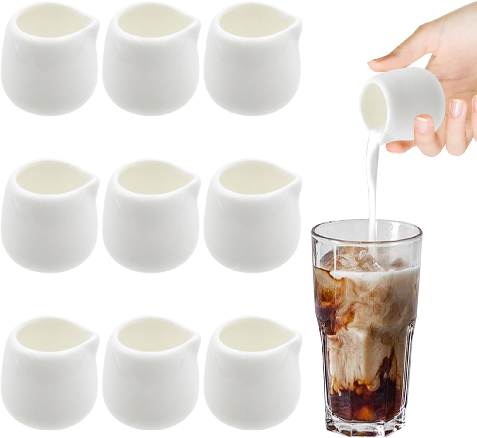 OMJMYY 10 Pcs White Small Porcelain Milk Jug Mini Creamer Jugs 50ml Without Handle Sauce Gravy Pitcher for Coffee Milk Creamer and Sauces, WUBNP01