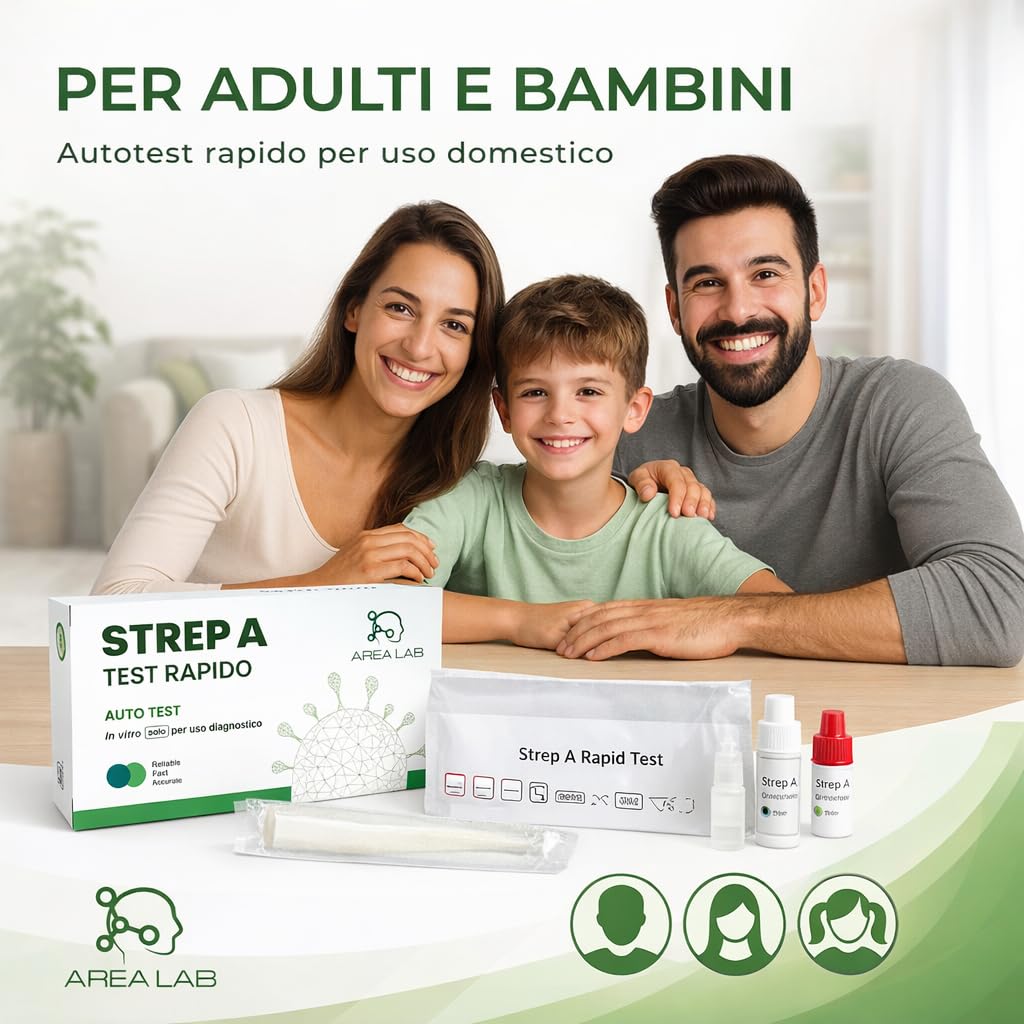 Tampone Streptococco AREA LAB | Test Streptococco A Per Adulti e Bambini | Tampone Faringeo Rapido (1 PZ) | Dispositivo Medico Registrato Ministero della Salute | Marchio CE | Kit Autodiagnosi a Casa con Abbassalingua