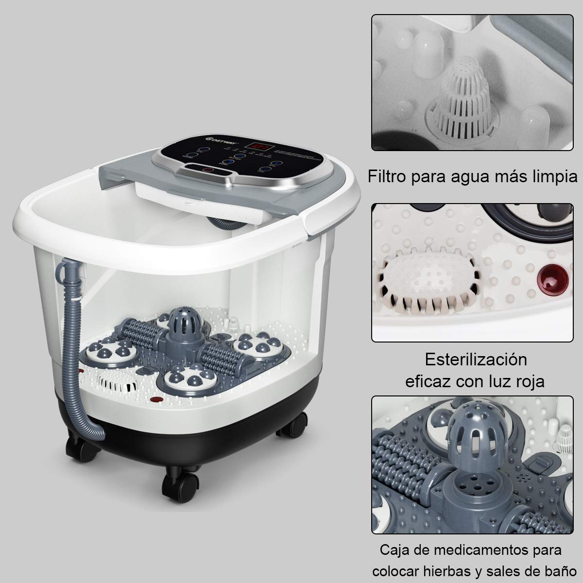 COSTWAY Bañera para Pies 500W Masajeador de Baños para Pies Eléctrico Temporizador de 10-60 Minutos / 35-48 ℃ con Rodillo de Masaje (Gris)