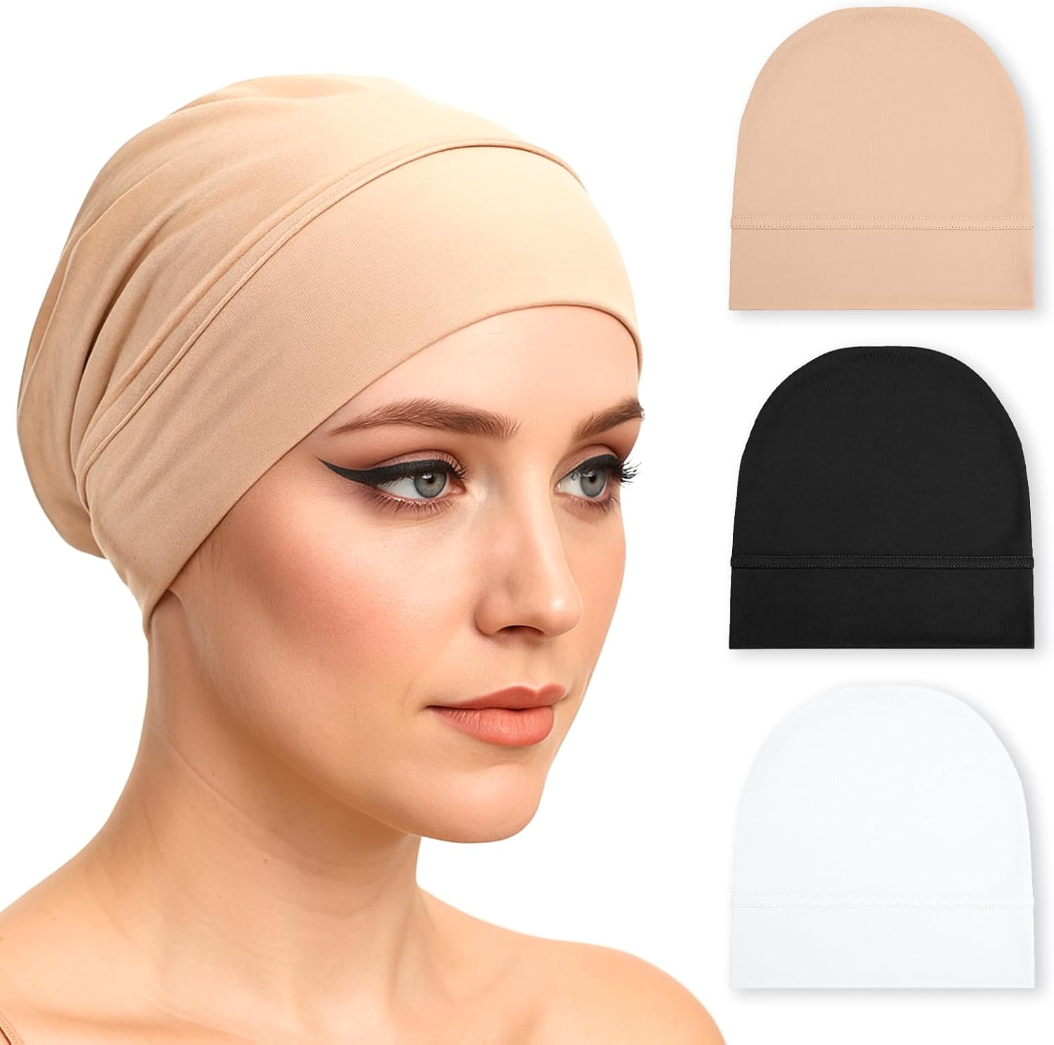 3 PCS Under Caps for Hijab Non Slip Hijab Undercap Non Slip Women Solid Color Undercap Under Scarf Hijabs Cap Beige, Black, White