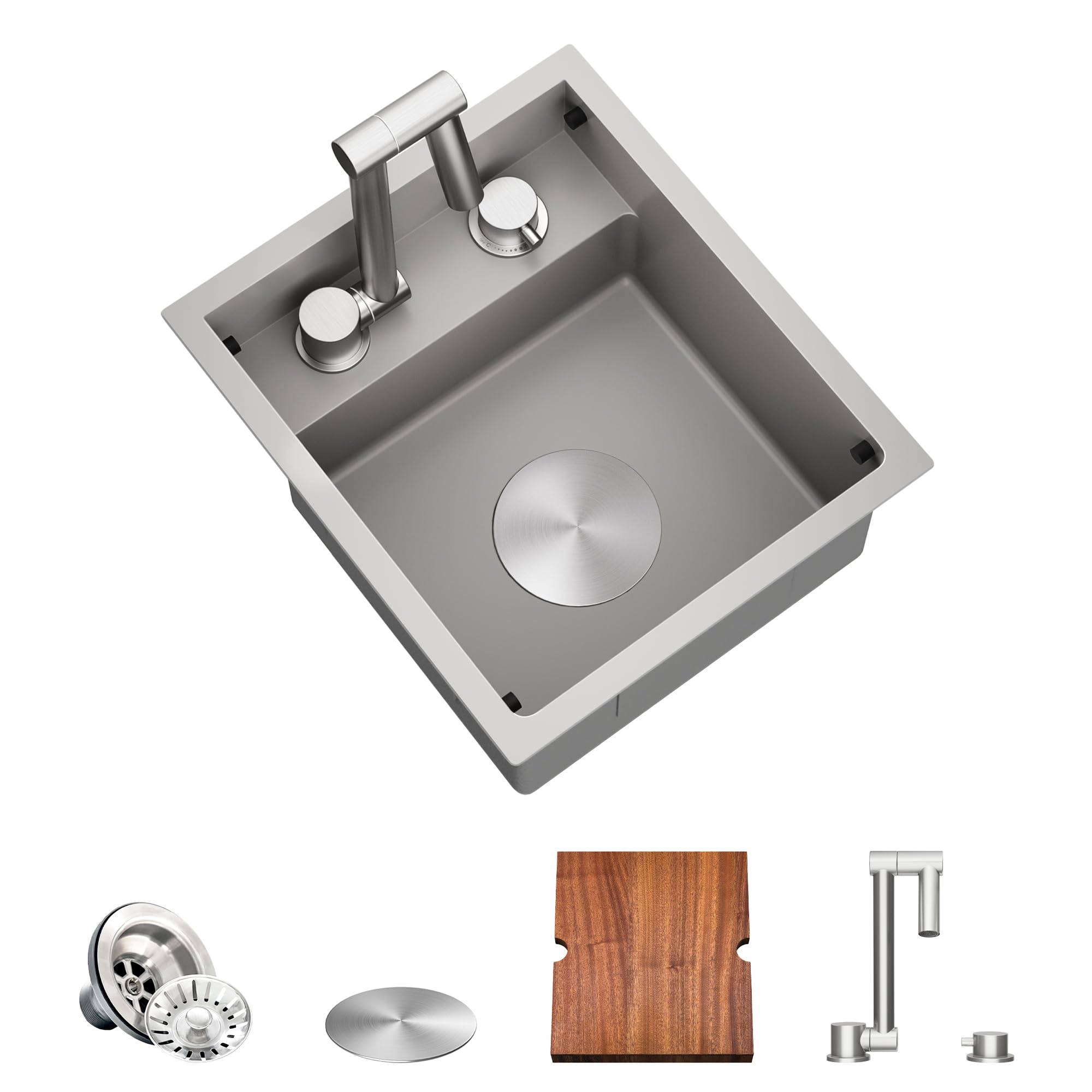 TORVA RV Kitchen Sink, 13 x 15 x 7 Inch Undermount Bar Sink 16 Gauge Stainless Steel Single Bowl Sink with Foldable Faucet Cutting Board, Grey