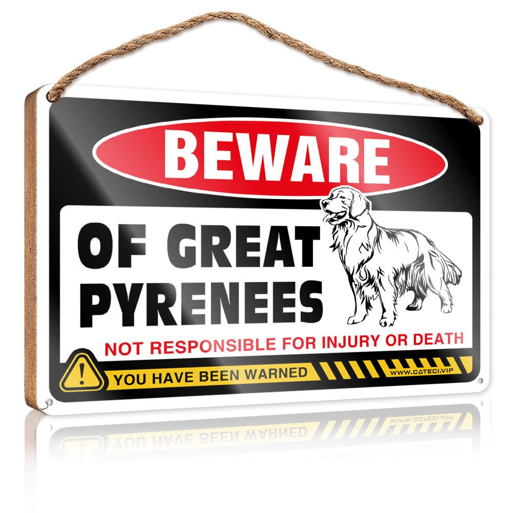 DTHA Front Door Wooden Sign Beware Of Great Pyrenees Wooden Sign Porch Decorations Outdoor Funny Hanging Sign(20X30CM)