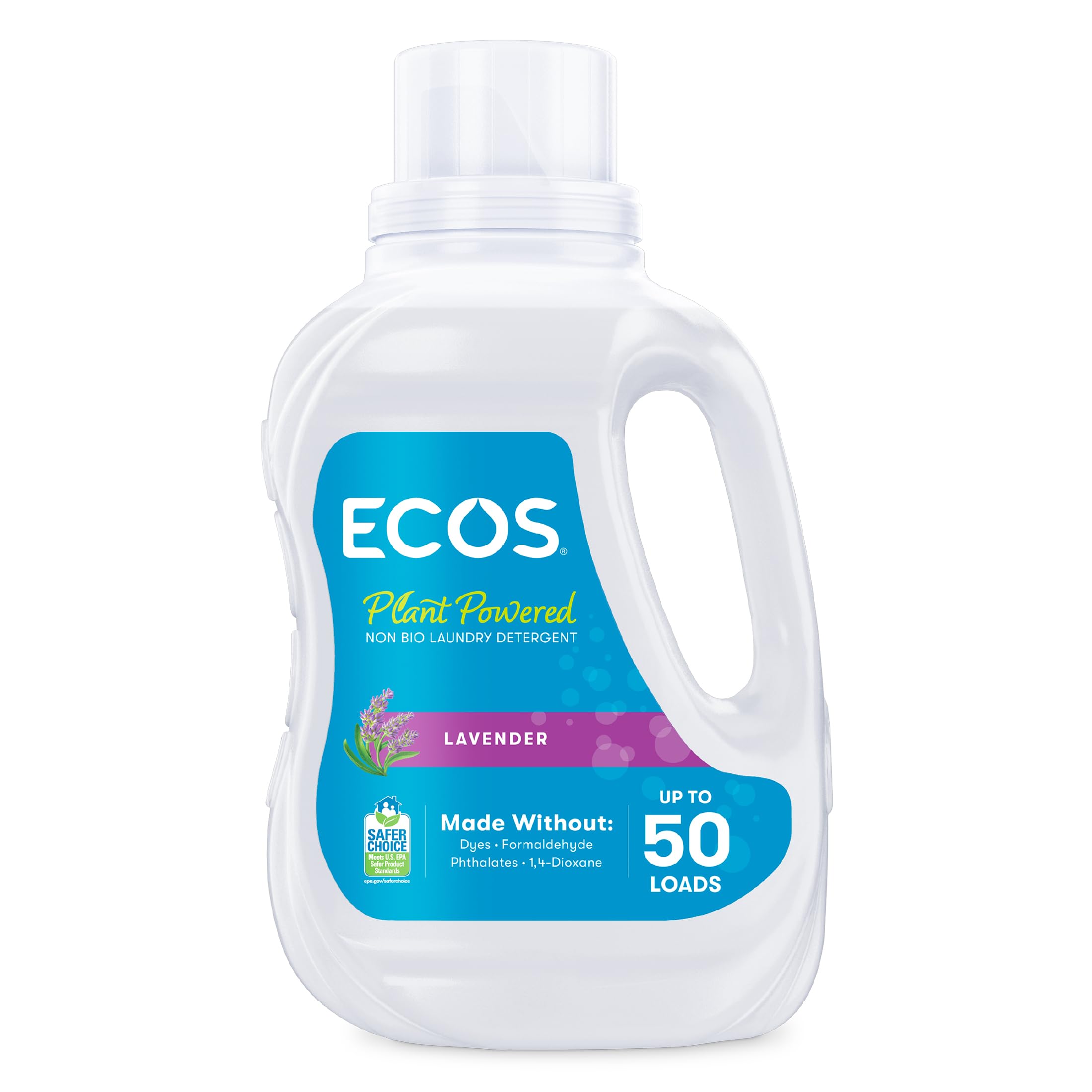 ECOS Laundry Detergent - Biodegradable Plant Based Coconut Derived Laundry Liquid, Vegan and Suitable for Sensitive Skin, Results at All Temperatures, 50 Loads, Lavender, 1.5L