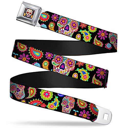 Buckle-Down Unisex-Erwachsene Sugar Skull Starburst Sicherheitsgurt mit Totenkopf-Motiv, Schwarz/Mehrfarbig Gürtel, 1.5" Wide-24-38 Inches in Length