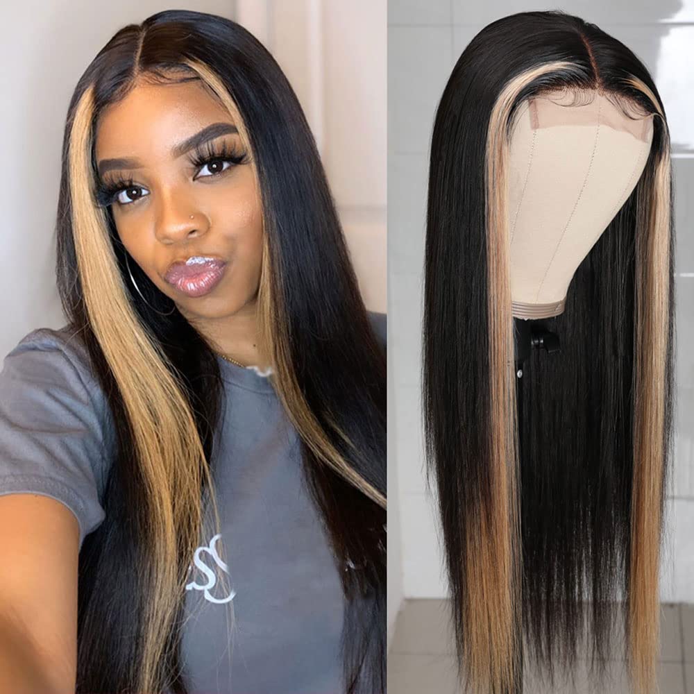 Highlight Blonde Straight Lace Closure Wig Human Hair Wig for Black Women，Ombre TL27 Color Silk Base Fake Scalp T Part Human Hair Wigs Pre Plucked with Baby Hair 150% Density