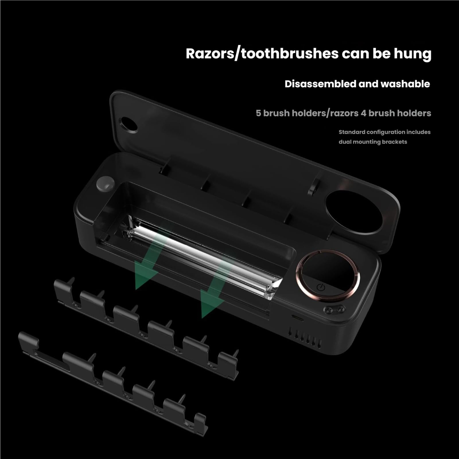 Desinfectante para cepillos de dientes con secado de turbina, soporte montado en la pared, esterilizador de 5 ranuras para cepillos de dientes eléctricos y manuales, limpiador lavable desmontable