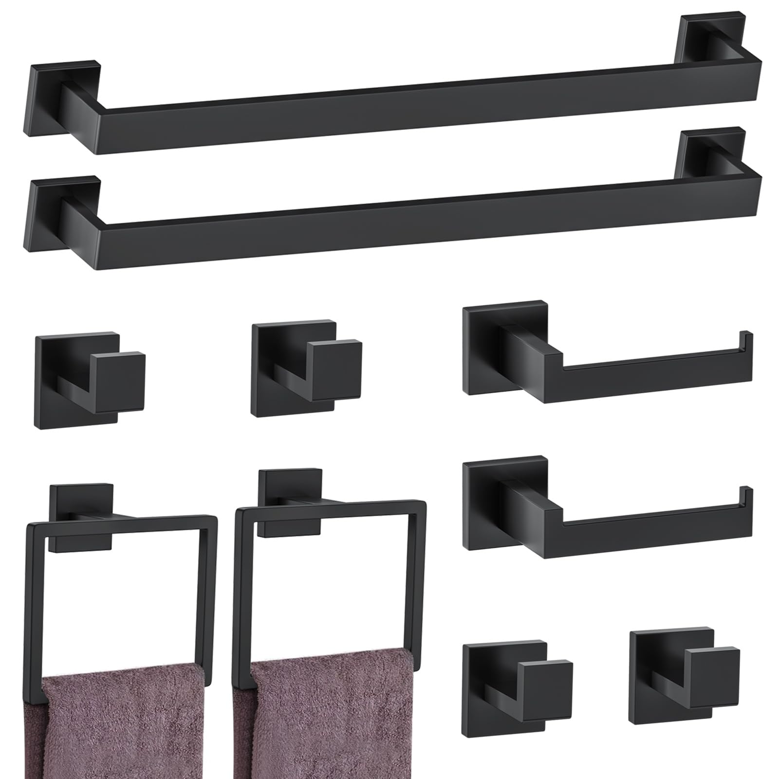 10-Piece Matte Black Bathroom Hardware Accessories Set Black Towel Bar Set Towel Holder Set Stainless Steel Wall-Mounted Towel Rack Set for Bathroom,23.6 Inch Towel Bar