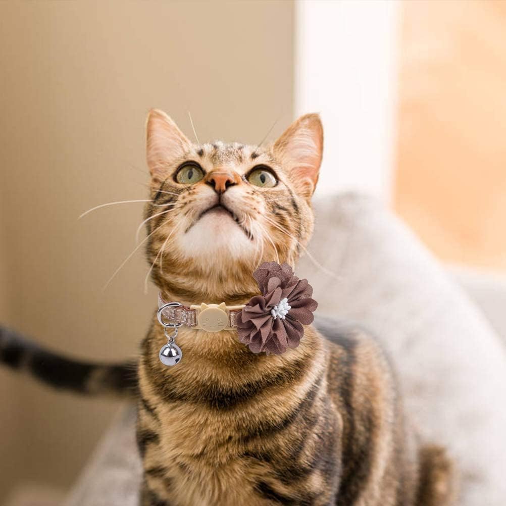 PUPTECK 3 Pack Leather Breakaway Cat Collars with Bell and Removable Flower -Adjustable Saftey Collars Cute and Soft for Cat and Small Animals Pets, Bling Pink, Green, Gold