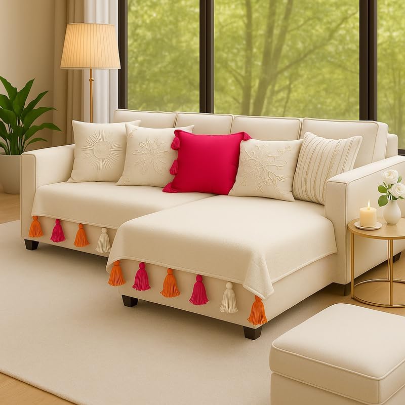 Cream L-Shaped Sofa Cover|L-Shape Sectional Sofa – Heavy Fabric, Machine Washable – 4-Piece Set with 2 Seat Covers & 2 Armrest Covers for 5-Seater (3-Seater+2-Seater Lounger)|Tassel Sofa Throw