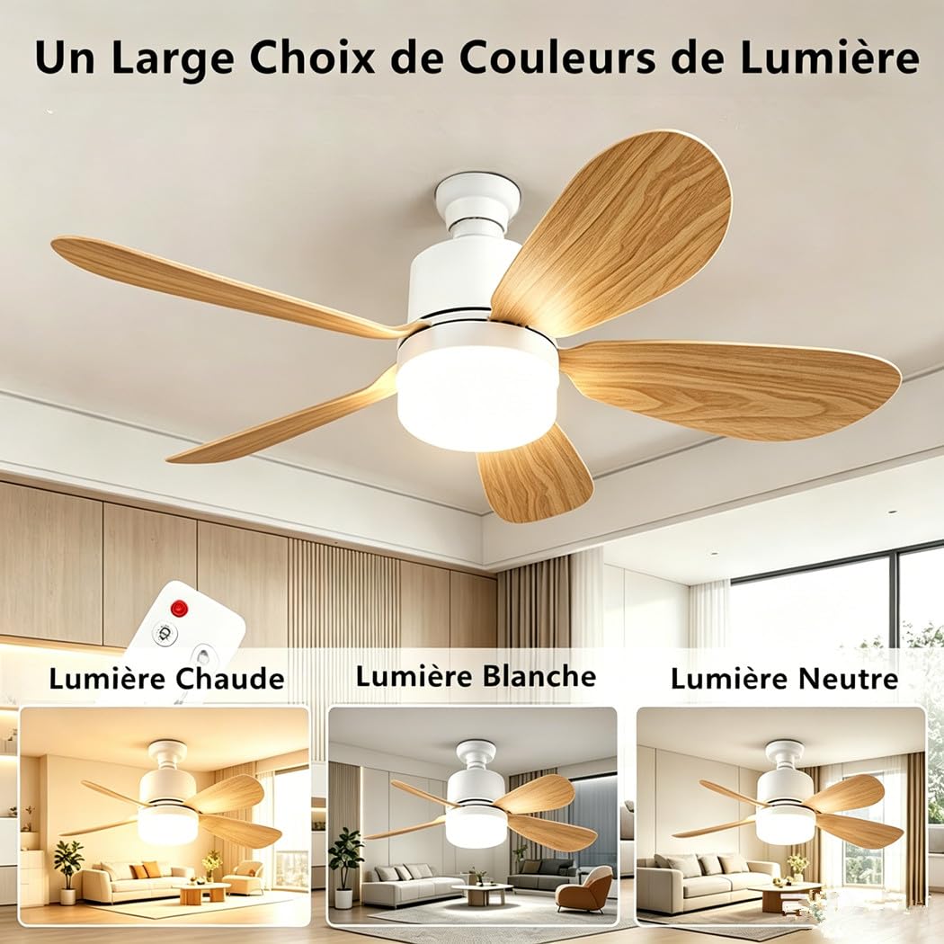 lot de 3 Ventilateur de Plafond avec Lumière et Telecommande, E27/E26 40W Lampe de Ventilateur LED Dimmable Plafonnier Timing, Silencieux, 5 Pales, 3 Vitesses pour Chambre Salon, Bureau