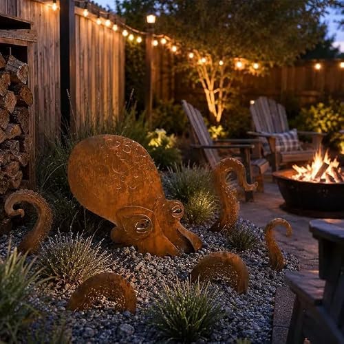 ​Metal Garden Art, Rust Patina Giant Squid Garden Sculpture with 350x280MM Dimensions, Unique Coastal Yard Statue for Metal Garden Art