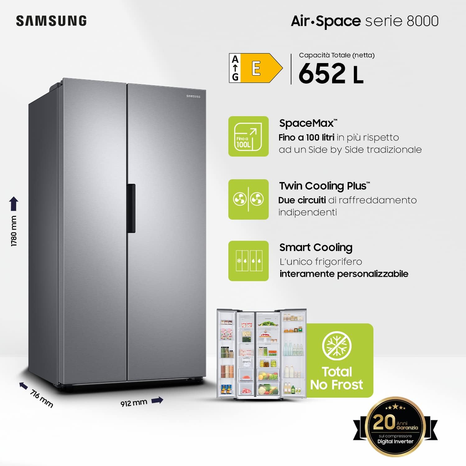 Samsung Frigorifero Side By Side RS66A8101SL/EF, Libera installazione, No Frost, Twin Cooling Plus™, 652L, 91l x 178h X 72p cm Samsung Frigorifero Side By Side RS66A8101SL/EF, Libera installazione, No Frost, Twin Cooling Plus™, 652L, 91l x 178h X 72p cm