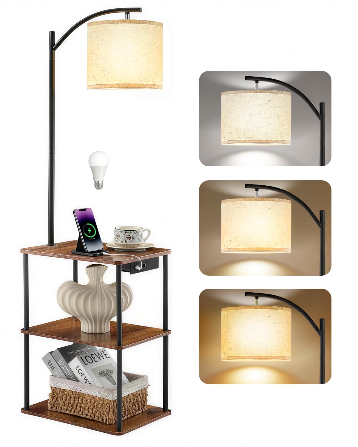 Wio-Mio Lámpara de pie con mesa auxiliar y estantes, lámpara LED con puertos de carga USB-A y Type-C, 3 temperaturas de color bombilla 9W, pantalla de tela para salón dormitorio