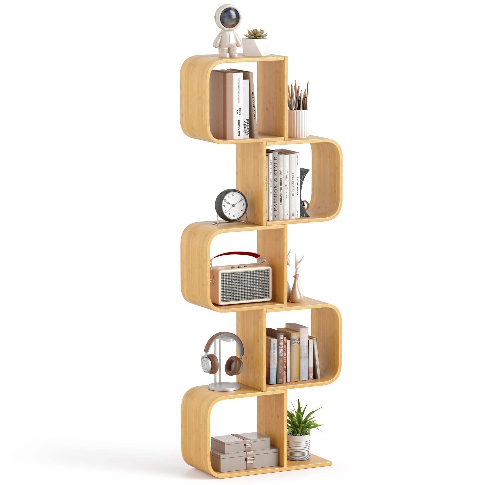 COSTWAY 2/3/4/5-Tier S-Shaped Bookcase, Bamboo Bookshelf Decorative Storage Organizer with 2/3/4/5 Open Cubes, Home Office Geometric Corner Display Shelf (1, 61 x 23 x 167 cm)