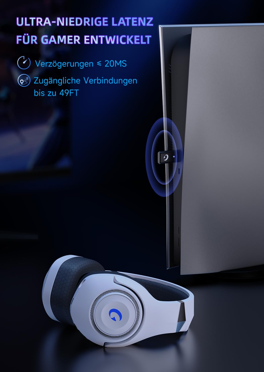 Gaming Headset Wireless, Gaming Kopfhörer Kabellos mit Abnehmbares 3D-Stereomikrofon, Bluetooth 5.2 Headset, Gaming Headset für PS5 PS4 PC, Switch, Mac, Weiß, CT400W