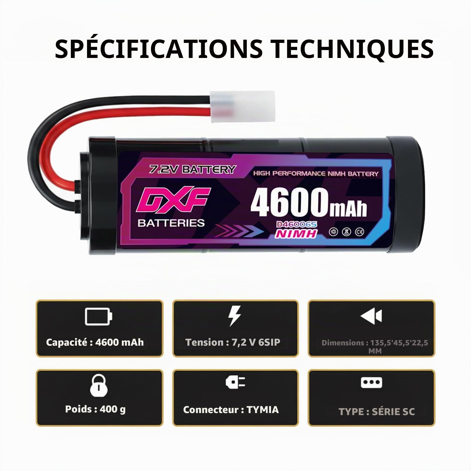 DXF Batterie RC 7,2V 4600mAh NiMH Pack de 2, Accu Rechargeable Connecteur Tamiya pour Voiture Télécommandée 1/10 Buggy Monster Truck, Compatible Bateau Avion Hélicoptère RC, sans Effet Mémoire