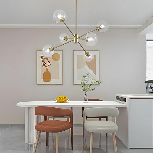 Miniatura 8 de BOKT 6 luces de mediados de siglo moderno globo de cristal transparente Sputnik lámpara de araña dorada cepillada Sputnik lámpara vintage grande de