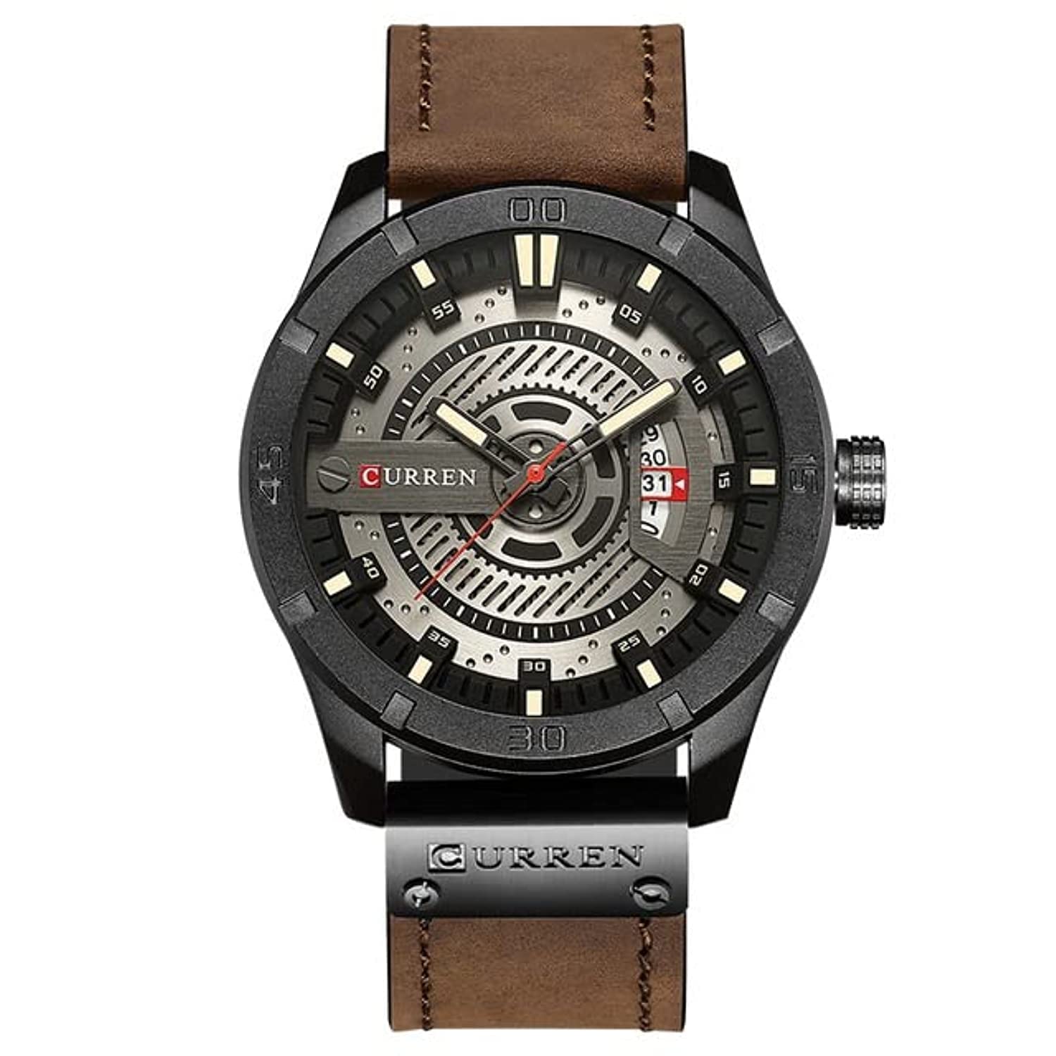 Mens Analog Watch Gun Metal Steel Case Silver Dial Brown Calendar Window Leather Strap, Brown, strap (B09W68MB6T) Amazon Price History, Amazon Price Tracker