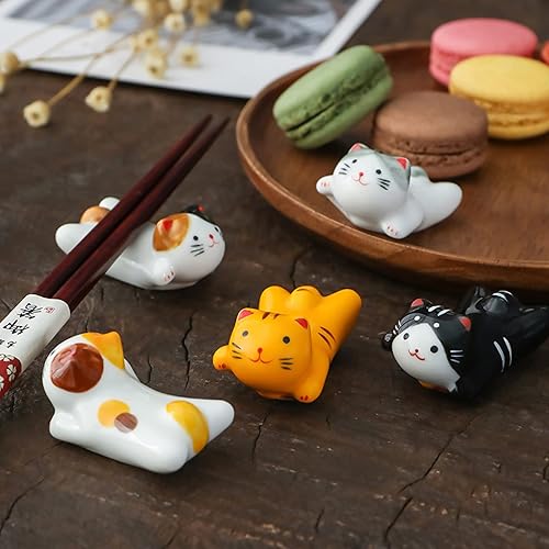 Miniatura 5 de Juego de 5 palillos para gatos, juego de brochas de pintura china, porcelana de estilo japonés, lindo gato de la suerte, soporte de palillos de