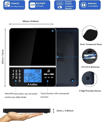 Miniatura 9 de Ataller Báscula de alimentos con calculadora nutricional, báscula de dieta de cocina, báscula digital de conteo de calorías de alimentos para