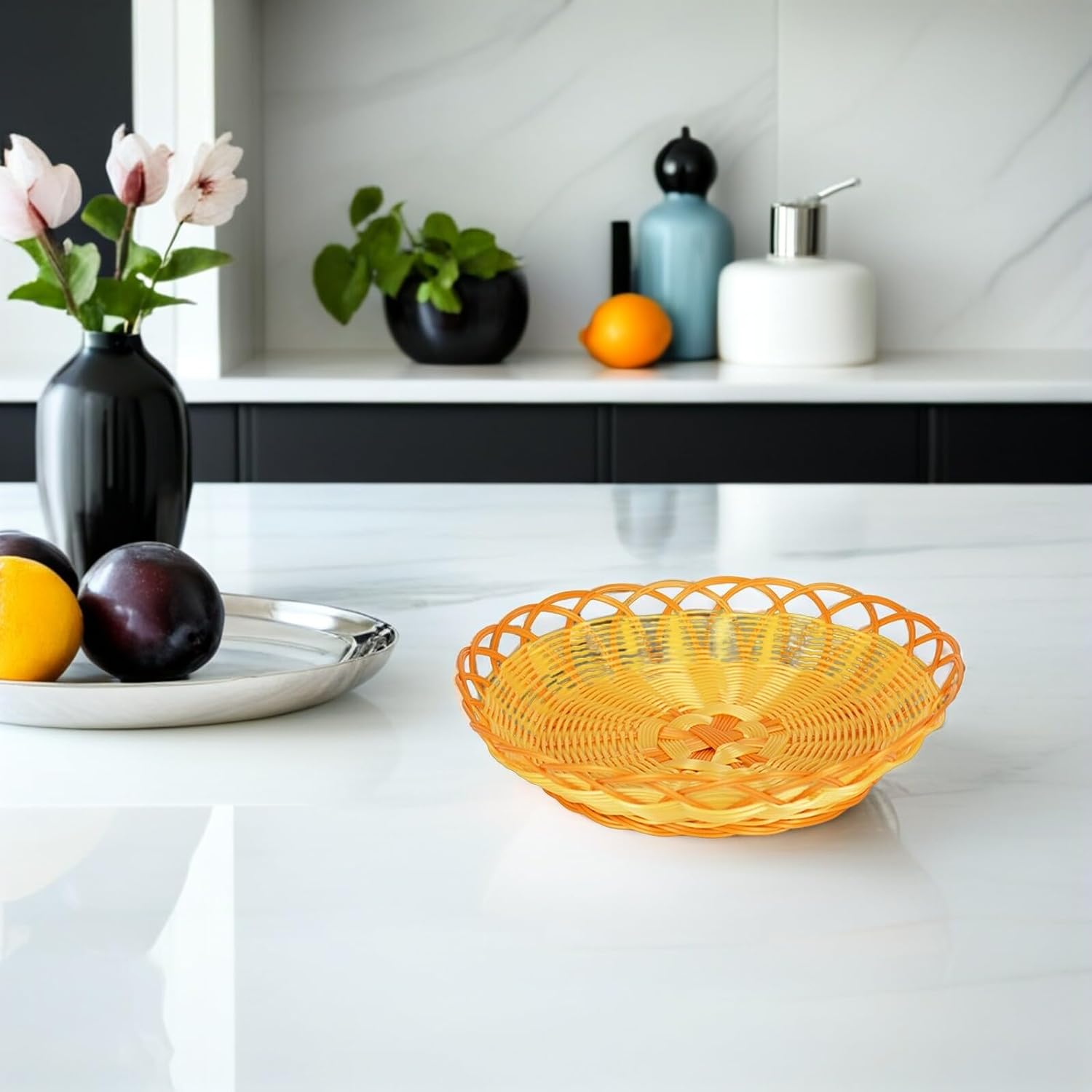 Alipis 12pcs round 20cm Imitation Rattan Woven Fruit and Bread Baskets Plastic Snack Serving Trays for Home Kitchen Restaurant Food Storage