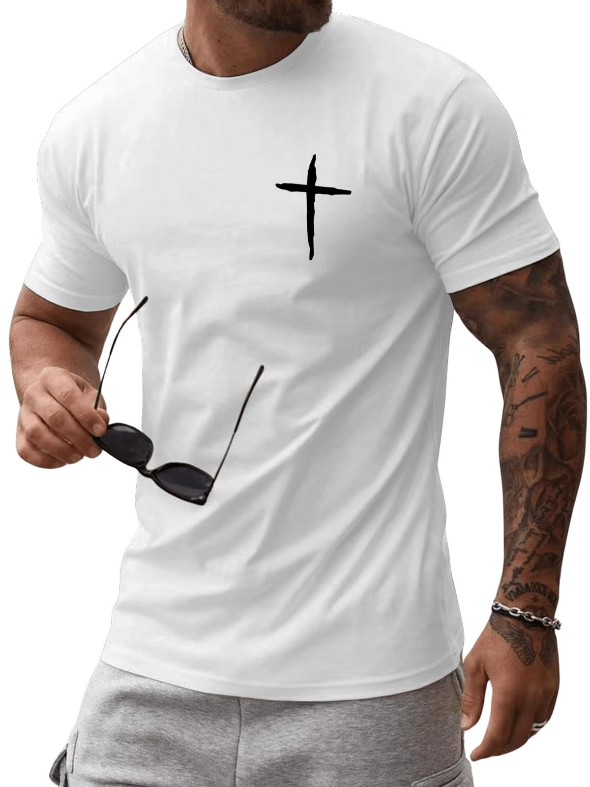 iudam Mens Short Sleeve Cotton T-Shirts Crew Neck Jesus Cross Printed Shirts Faith Christ Shirts