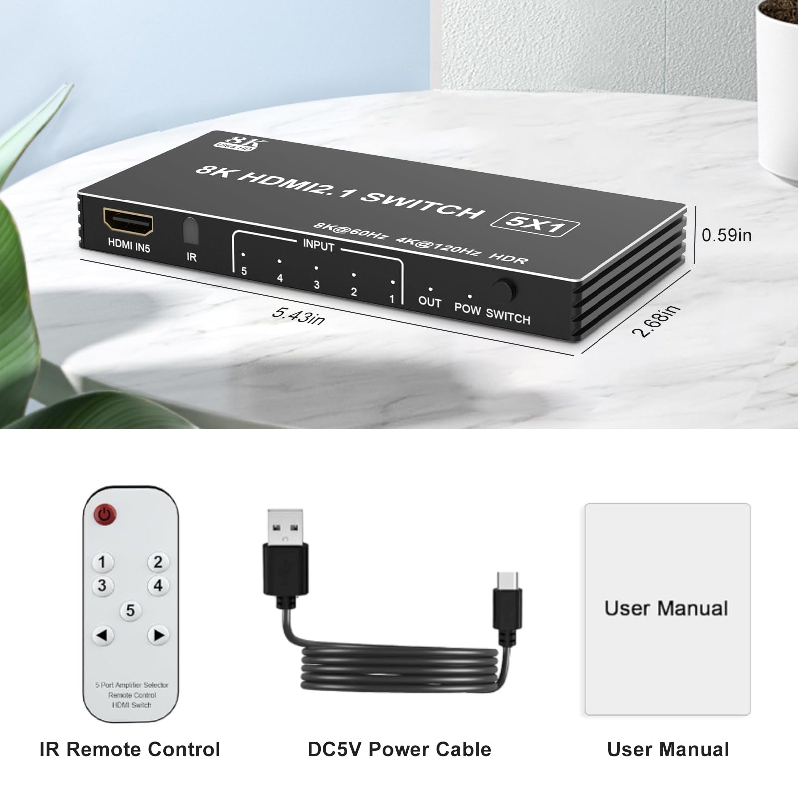 HDMI Switch 8K 5 en 1 Salida, Divisor HDMI de 5 Puertos Caja selectora de conmutador HDMI Compatible con 8K@60Hz 4K@120Hz, conmutador HDMI Compatible con PS 5/4 Xbox Roku TV Fire Stick PC