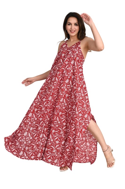 Maroon Leaf Print 100% Cotton Sleeveless Maxi Dress | Maternity Nightwear Beach Resort Wear for Women & Girls