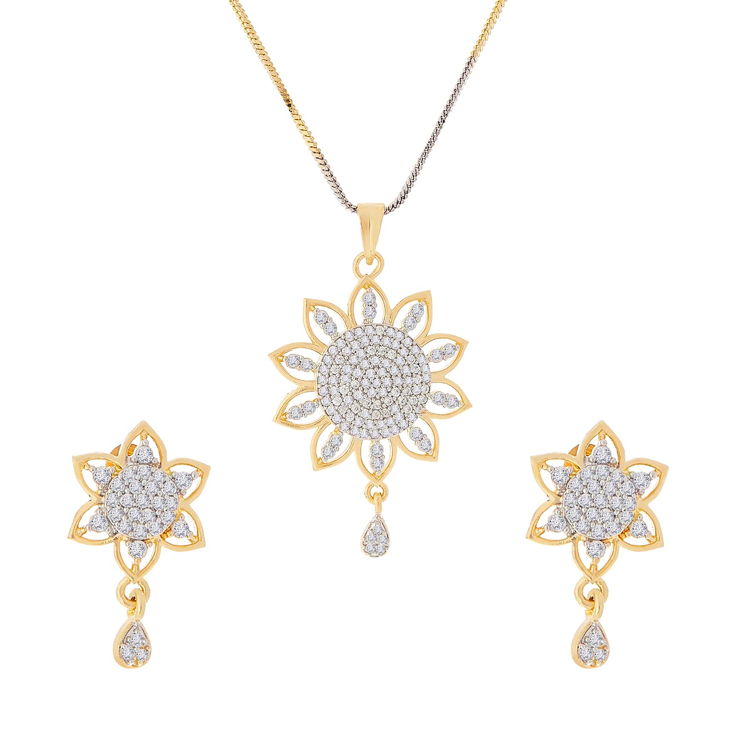 KENNICE American Diamond Flower Shape Gold-Plated Pendant with Earrings For Girls & Women (B09D3KGM5P) Amazon Price History, Amazon Price Tracker