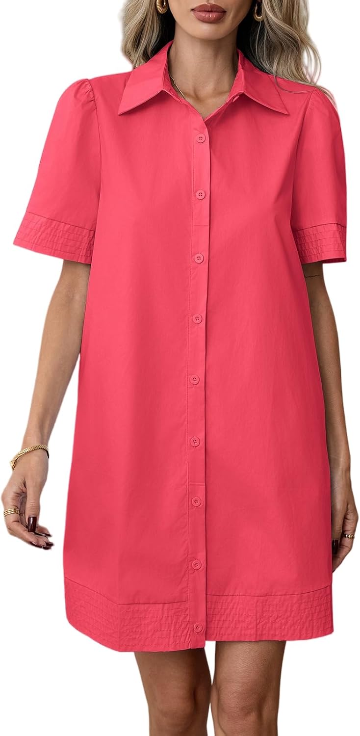 WOWULOVELY Womens Summer Short Sleeve Button Down Mini Shirt Dress Casual Lapel Collar Loose Beach Dresses with Pocket