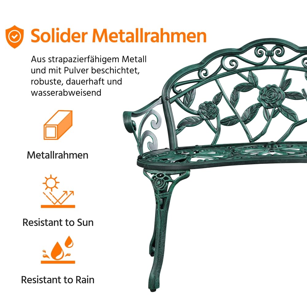 Yaheetech 2-osobowa ławka ogrodowa w stylu vintage, metalowa ławka parkowa, odporna na warunki atmosferyczne, z odlewu aluminiowego, ławka balkonowa z oparciem i podłokietnikami, meble ogrodowe na