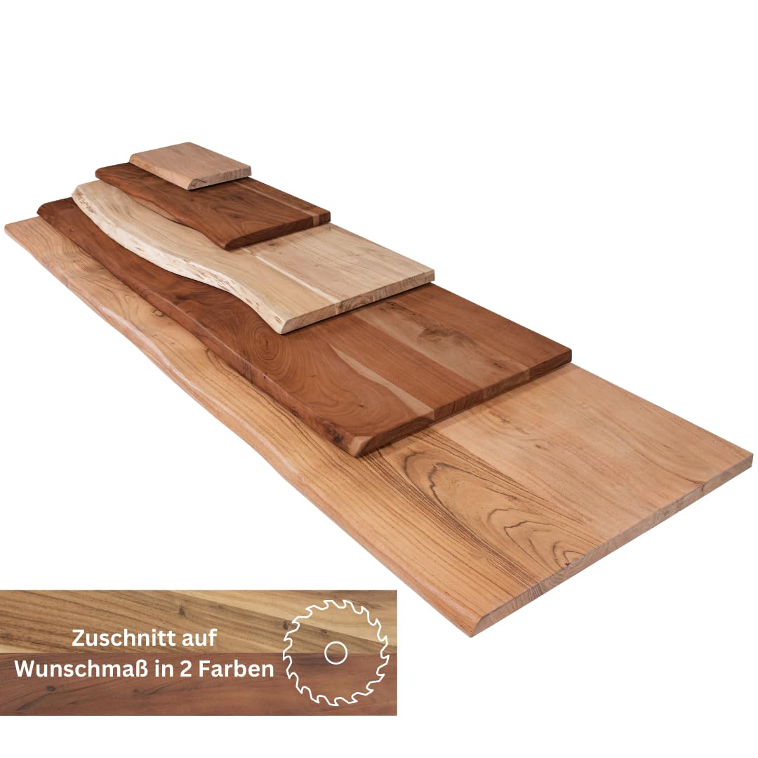 Holzplatte nach Maß 40-200 x 20-100 cm, Akazienholz massiv 35mm, naturfarben/nussbaumfarben, individueller Zuschnitt, Baumkantenplatte für Bastler und Heimwerker