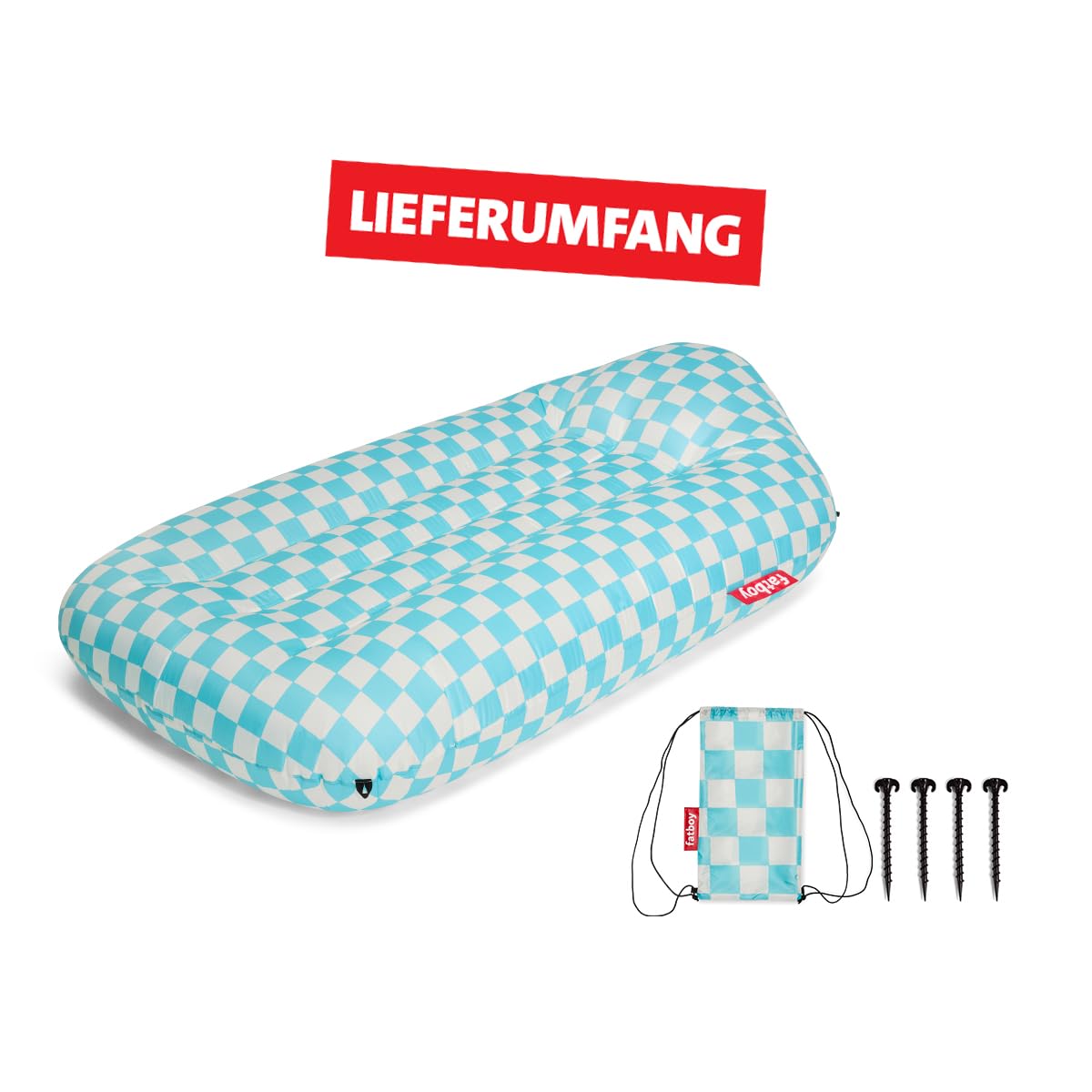 Fatboy Lamzac L Luftmatratze - Aufblasbares Luftbett - Keine Luftpumpe Nötig - Indoor & Outdoor Inflatable Mattress- Wasser- & Schmutzabweisendes Sofa - Polyester - 195 x 112 x 50 cm - Azur-Weiß Karo