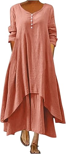 JEGULV Vestidos de lino para mujer de talla grande Vestido a cuadros casual para primavera y verano 2024 con botones y cuello en V con volantes