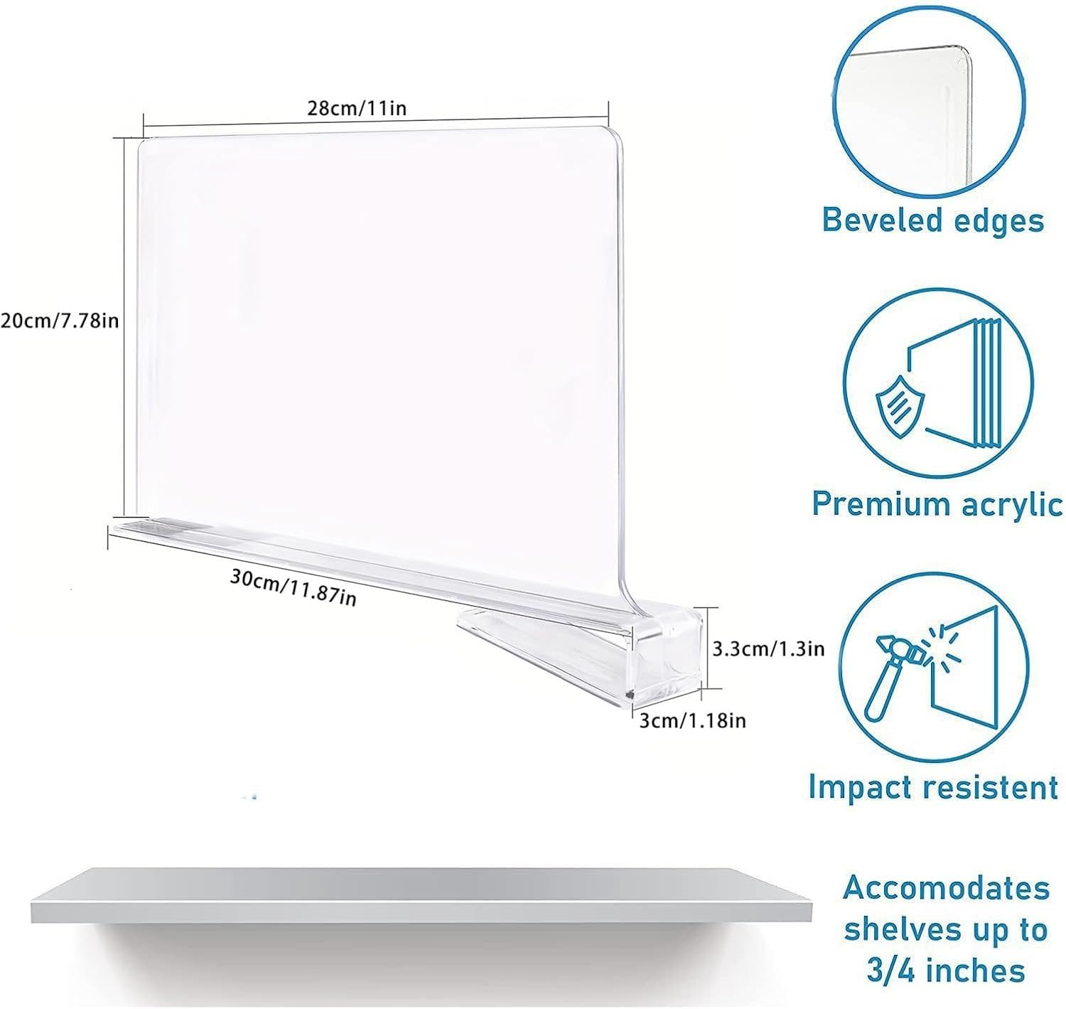 Lot de 8 séparateurs d'étagères en acrylique transparent - Multifonctionnels - 30 x 20 cm - Pour chambre à coucher, cuisine, armoires et organisation (8