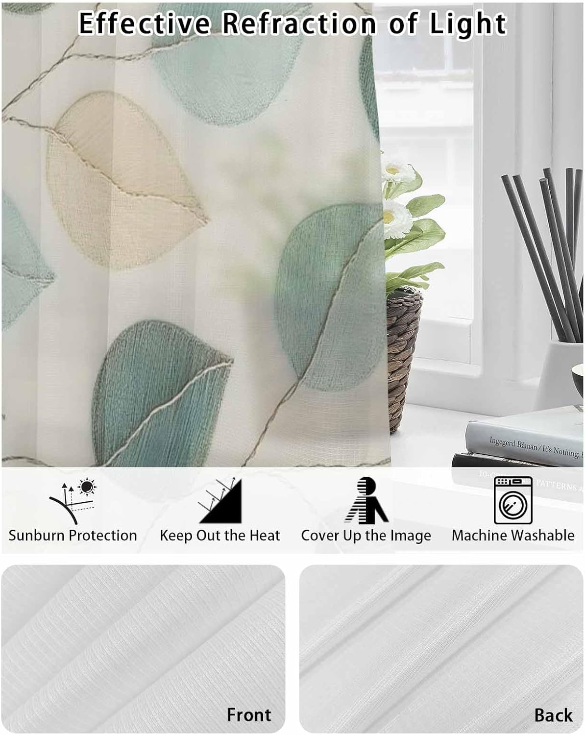 Outdoor Curtains for Patio, Teal Green Leaf Outside Curtain Top & Bottom with Grommets & Windproof Rope, Farmhouse Vintage Middle Century Textured Privacy Screen Drapes for Porch Gazebo, 54"x84"