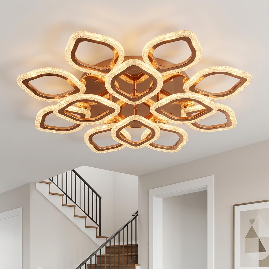 Aurelia 10+5 Head Gold LED Ceiling Light for Living Room Bedroom Hall, 3 Color Changing Modern Ceiling Light Design, Small Chandelier for Ceiling, Jhumar Decorative Light (HaloBright)-image-1