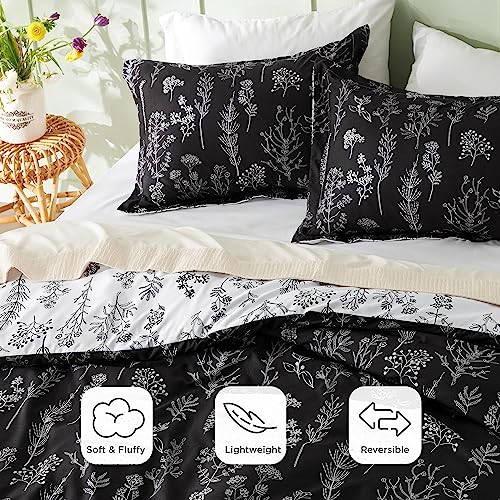 Image of Bedsure Full Comforter Set - Black Bed Set, 3 Pieces Cute Floral Bedding, 1 Soft Reversible Botanical Flowers Comforter and 2 Pillow Shams