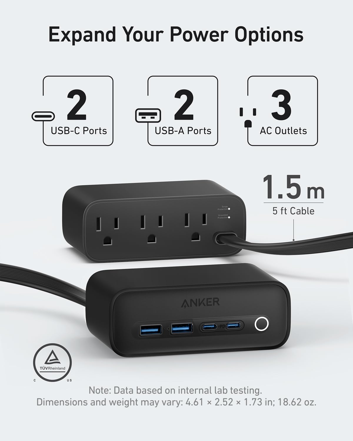 Anker 525 Charging Station, 7-in-1 USB C Power Strip for iphone13/14, 5ft Extension Cord with 3AC,2USB A,2USB C,Max 65W Power Delivery Desktop Accessory for MacBook Pro, Home, Office (Phantom Black)