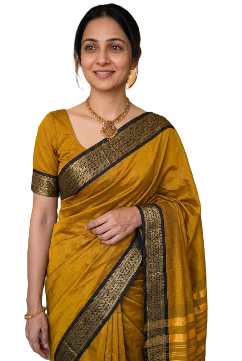 Woven Kanjivaram Silk Blend, Pure Silk Saree (Mustard)-picture-30