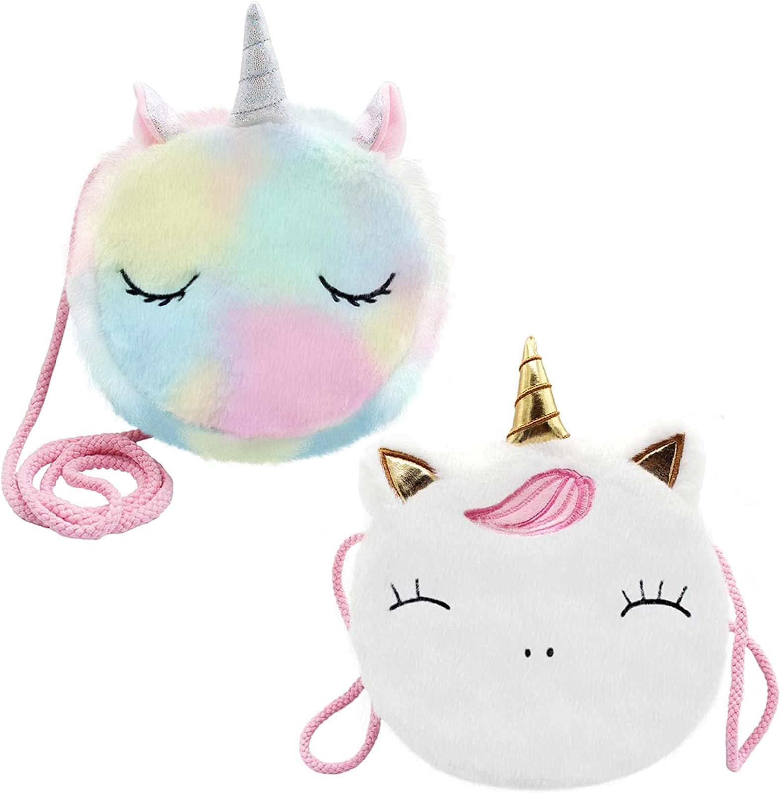 2 Pcs Furry Unicorn Shoulder Bag Girls, Cute Round Rainbow/White Handbags Wallet Bag Crossbody Purse for Keys Cards Fluffy Unicorn Bag Adorable Princess Gift for Toddler Kids Teens Girls