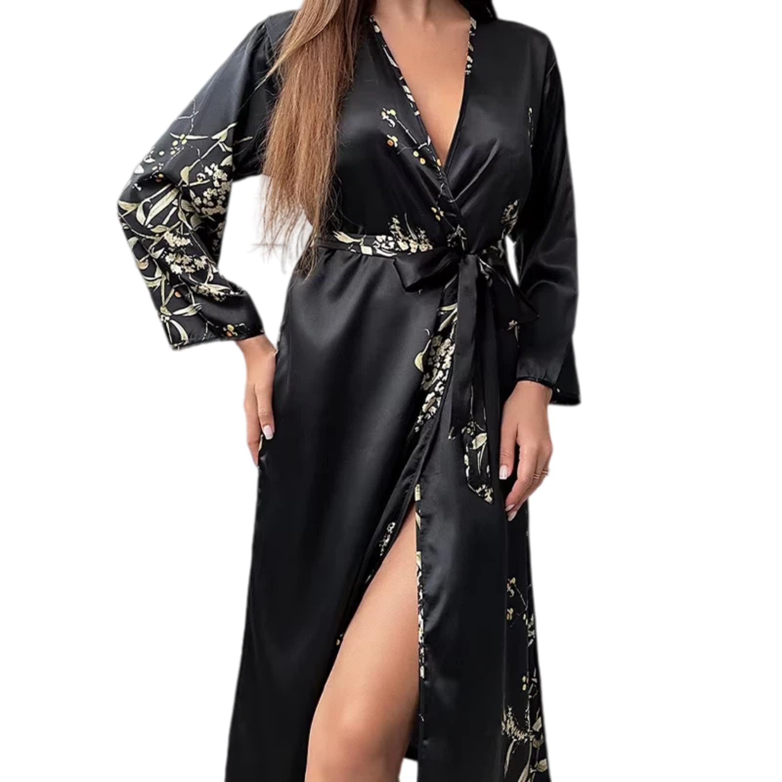 Camicia Notte Satin Decorativa Kimono Accappatoio Lungo Donna(Natura nera A,as6,alpha,l,regular,regular)