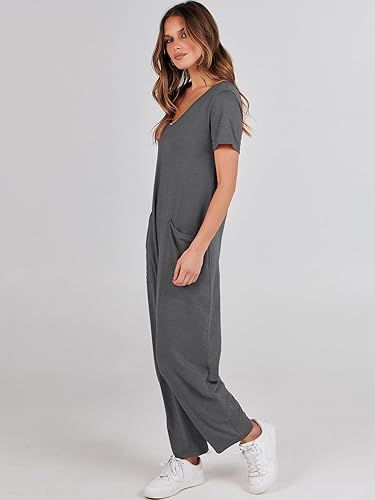 Miniatura 4 de ANRABESS Enterizo de verano de manga corta con cuello en V para mujer, estilo casual, holgado, con bolsillos