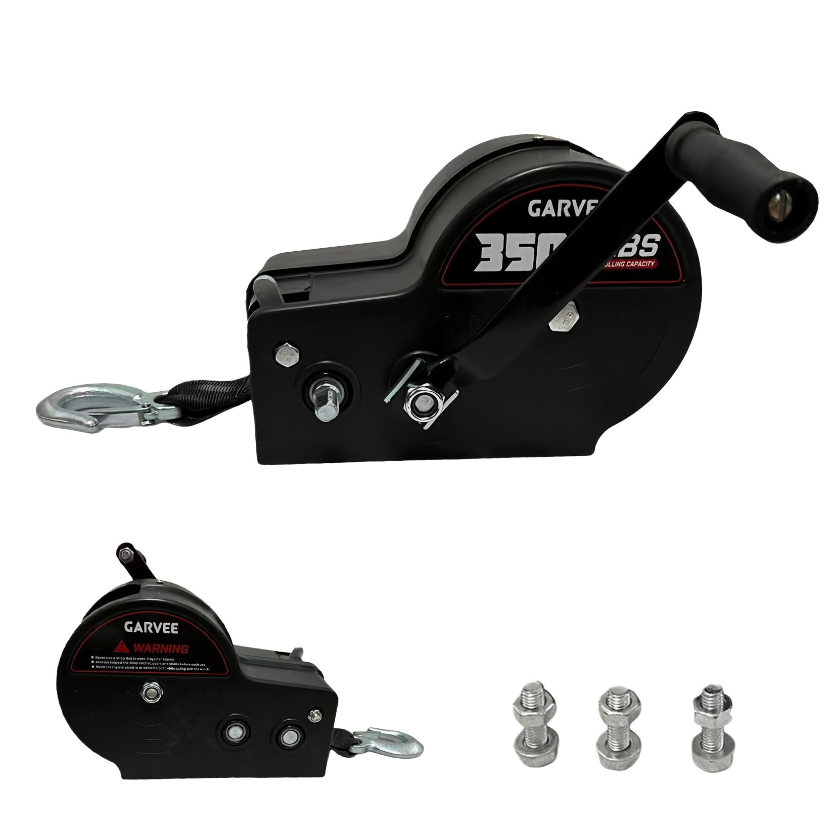 Garvee Treuil Manuel Robuste 3500lbs Pour Remorque Bateau – Sangle 10m, Double Rapport 4:1/8:1, Acier Galvanisé, Pour Remorque, Camion, ATV, Jet Ski – Poignée Standard, Noir