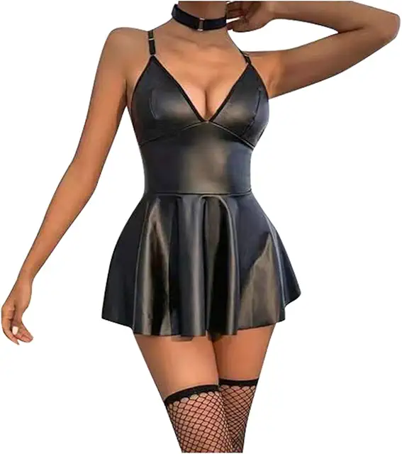 2025 Women's PU Harness Lingerie Dress - Faux Leather Skirt with Adjustable Straps