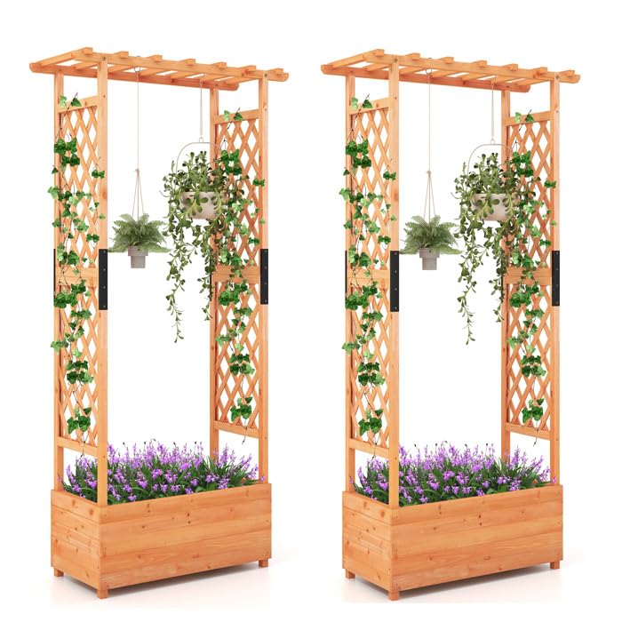 HAPPYGRILL-72-Raised-Garden-Bed-with-Trellis-2-Pack-Freestanding-Wood-Planter-Box-wHanging-Roof-2-Drainage-Holes-for-Vine-Climbing-Plants-Flowers-Outdoor-Planter-wTrellis-for-Garden-Patio HAPPYGRILL 72 Raised Garden Bed with Trellis 2 Pack Freestanding Wood Planter Box wHanging Roof 2 Drainage Holes for Vine Climbing Plants Flowers Outdoor Planter wTrellis for Garden Patio