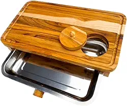 Tábua de Corte em Madeira Teca com Bandeja Térmica em Inox, Gaveta Removível