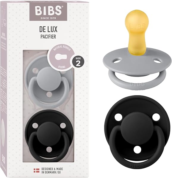 BIBS De Lux Dummies 2-Pack, BPA Free Dummy Pacifier, Round Nipple. Natural Rubber Latex, Size 2 (6-18 Months), Cloud/Black - 1