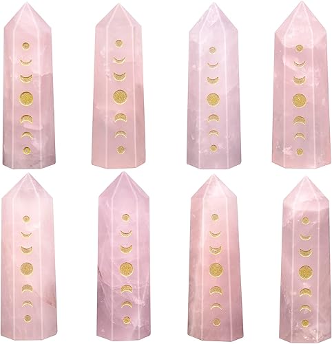 Miniatura 4 de Cheungshing Varita hexagonal de cuarzo rosa con punta de cristal tallada fases lunares torre de piedra de chakra de Reiki curativa para escritorio